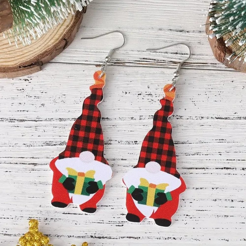 Christmas Gnomes Dangle Earrings Red Check Hat